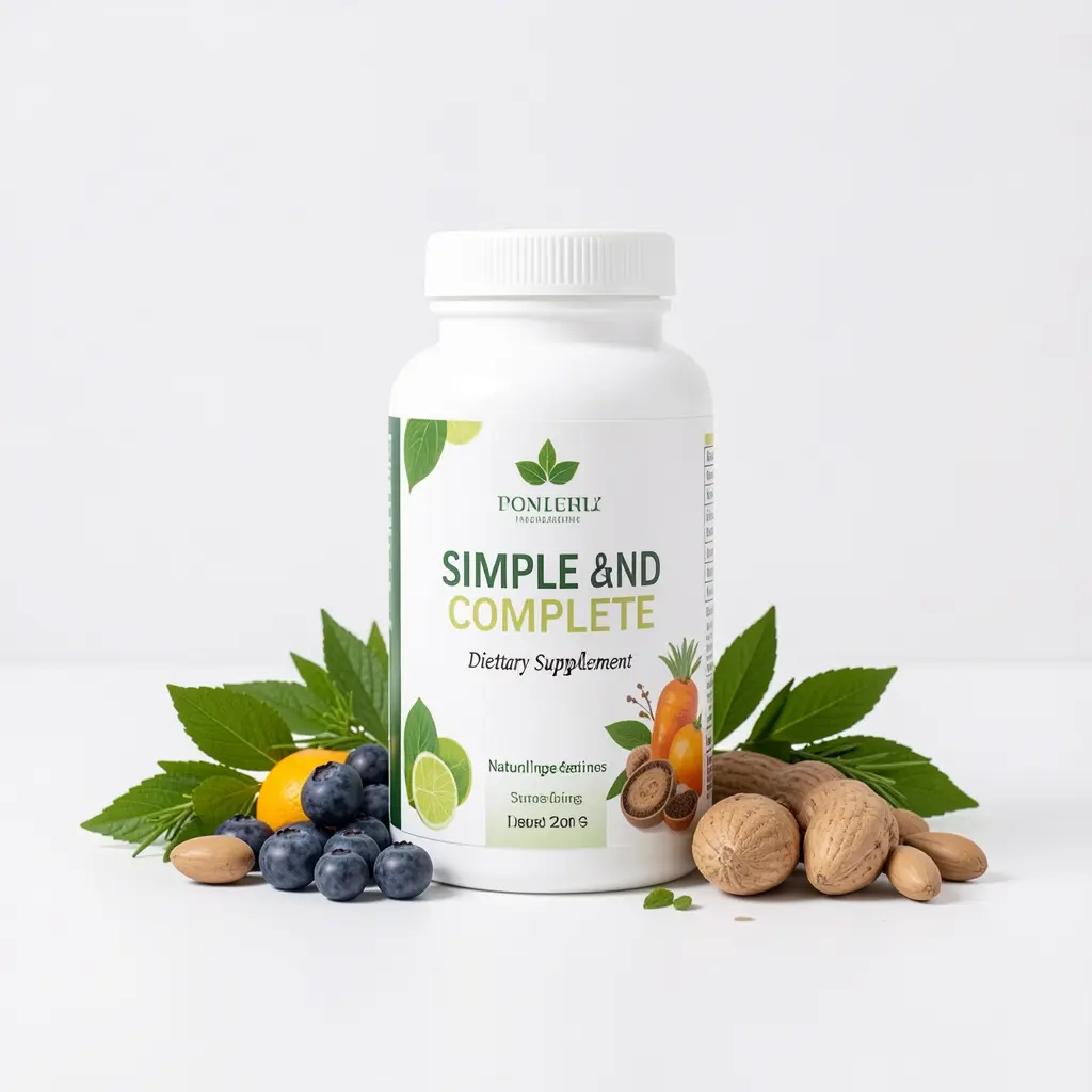 Simple and Complete dietary supplement bottle with natural ingredients displayed on a clean white surface